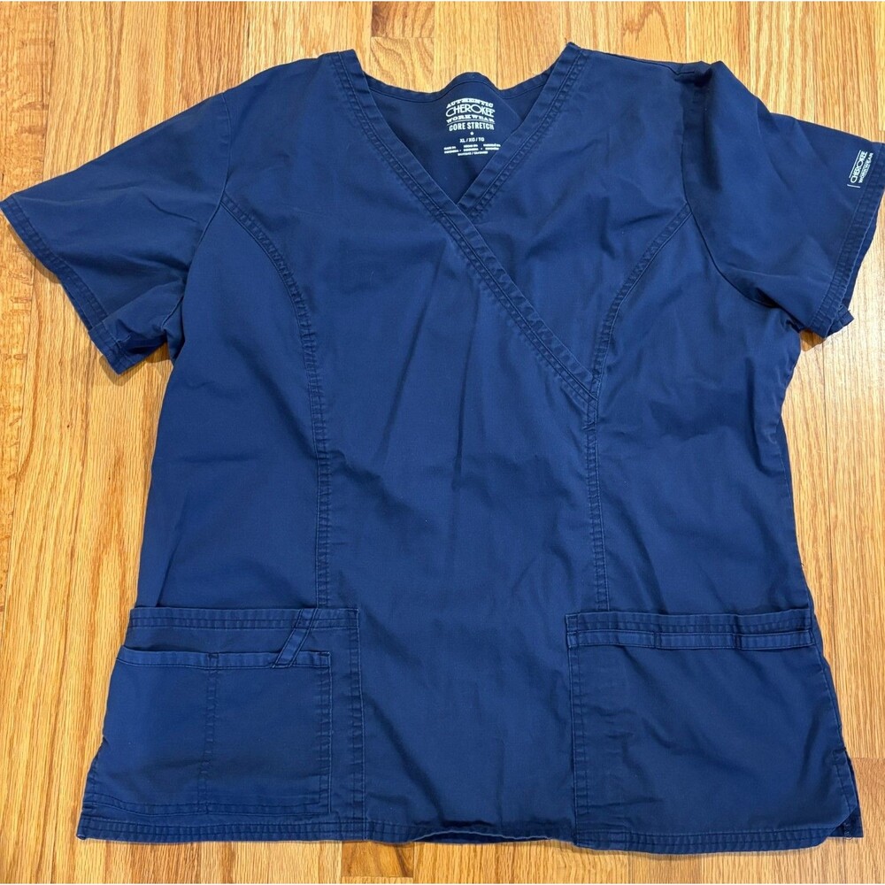 Scrub Tops Women's XL Uniform Shirt Cherokee Core Stretch Blue V-Neck Lot of 2 - Picture 2 of 6